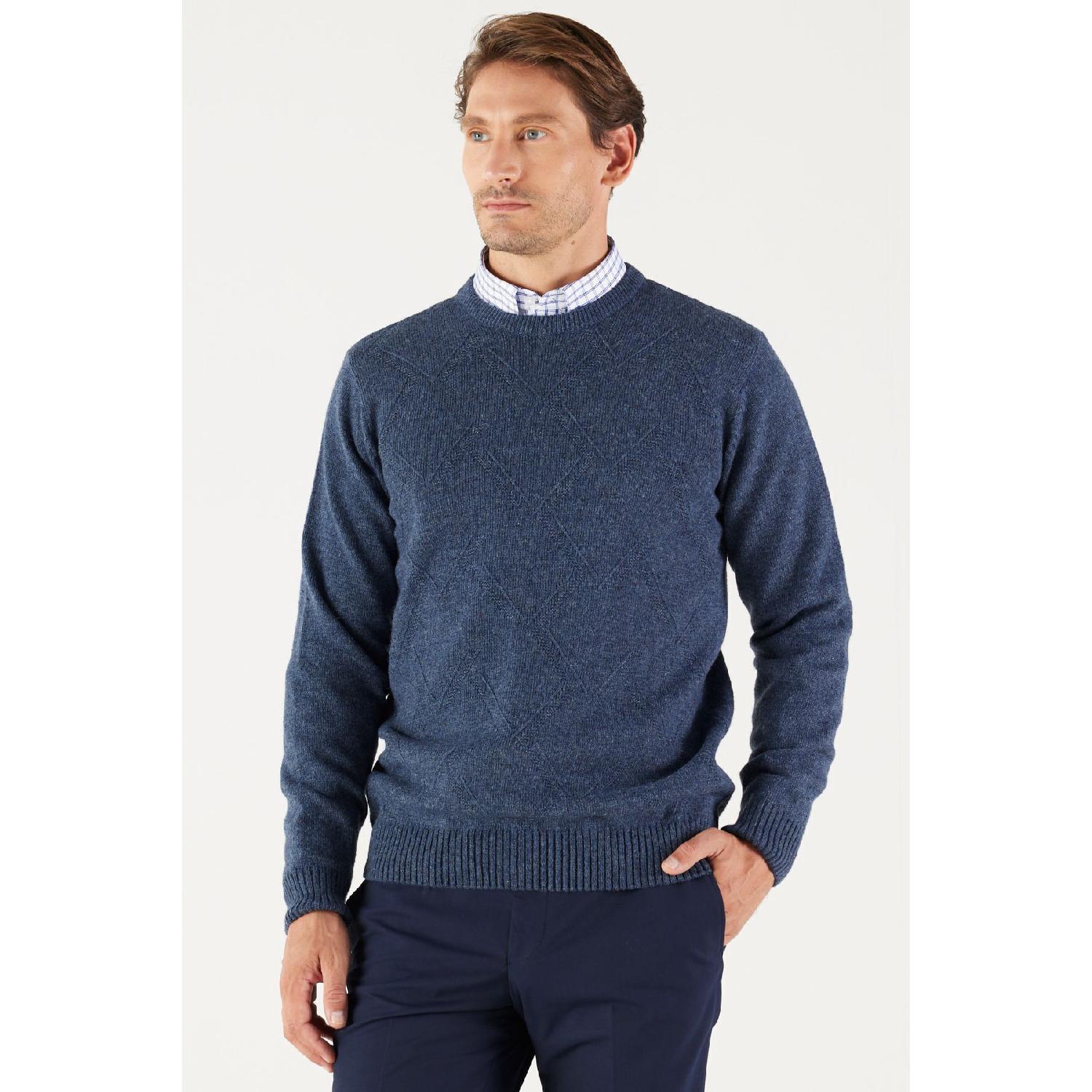 

Men s Aviator Blue Wool Standard Fit Regular Cut Crew Neck Jacquard Knitwear Sweater S аэро