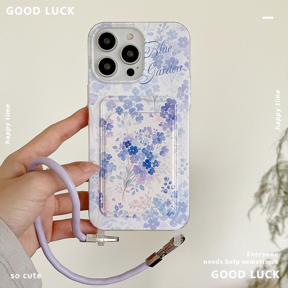 Blue Floral Lanyard Card Holder Suitable for IPhone 16pro Phone Case  IPhone 15 Protective Case  14 Card Insertion 13 Soft