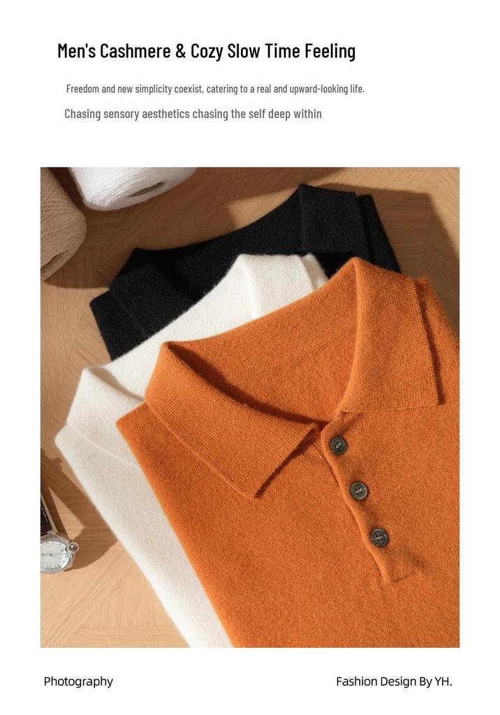 Men's 100% Pure Cashmere Four-Button Polo Collar Sweater - Autumn/Winter Knitwear