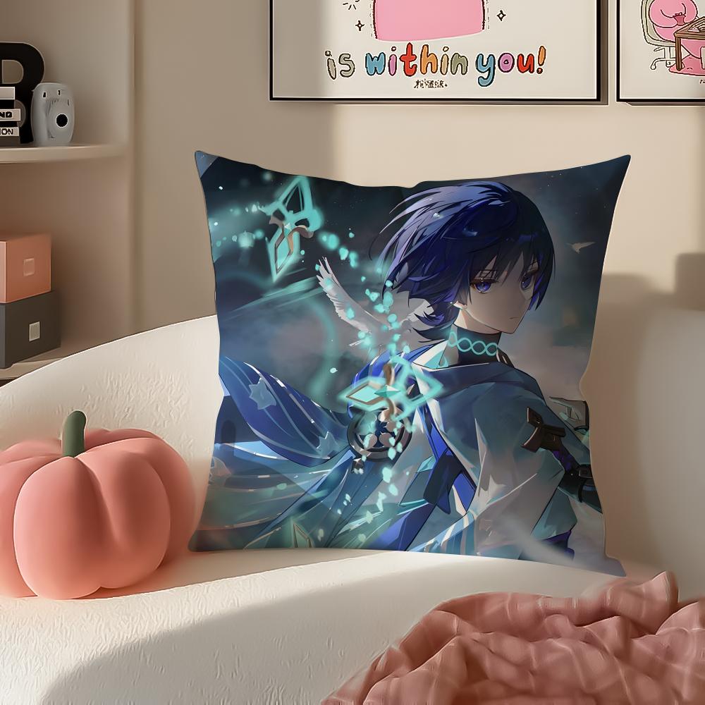 Game Genshin Wanderer Scaramouche Cushion Cover Pillowcase Short Plush Invisible zipper Room Sofa Cushion Cover