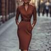 New Elegant V Neck Midi Pencil Work Dress Woman Casual Solid Slim Bodycon Dresses Autumn Long Sleeve Pocket Party Dress Vestidos