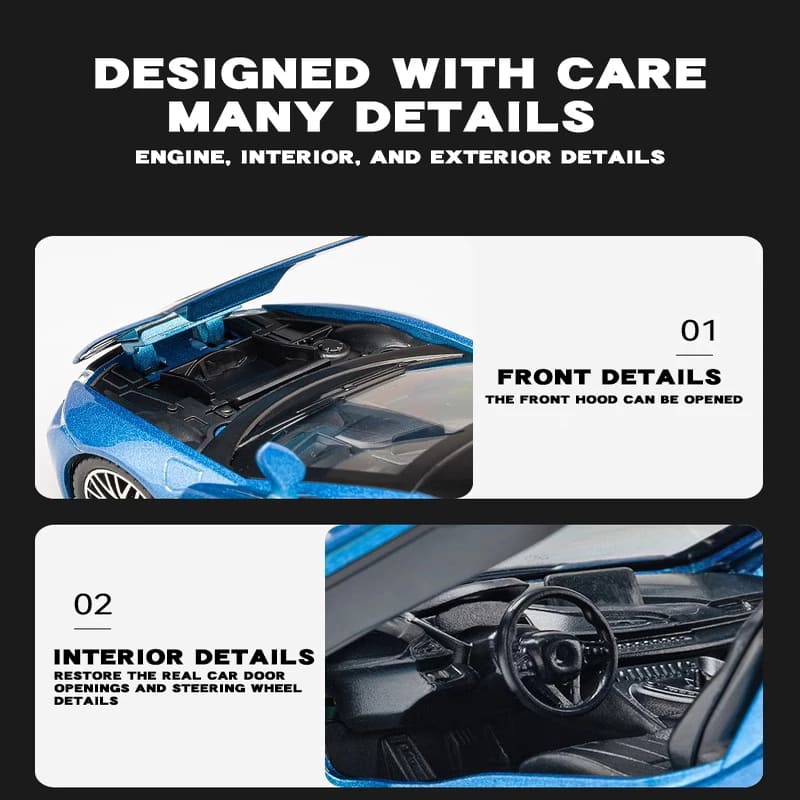 1:32 I8 Slitinový model auta Vysoká simulace Odlévaná hračka se zvukem a světlem Natahovací vozidlo Dekorace hračka Děti Chlapec Dárek Kolekce Ozdoby