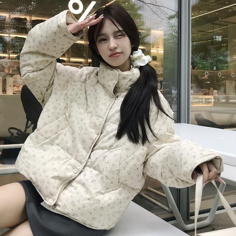 Small floral stand-up collar short down cotton-padded jacket new small bread jacket women's winter cotton-padded jacket