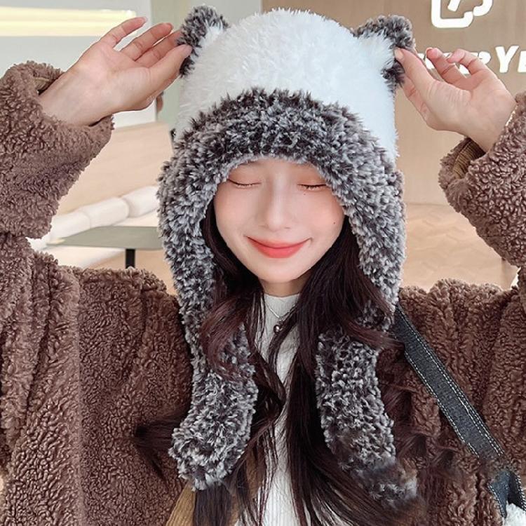 Thicken Windproof Beanie Plush Cute Bear Ear Shape Trapper Hat for Adult Teens