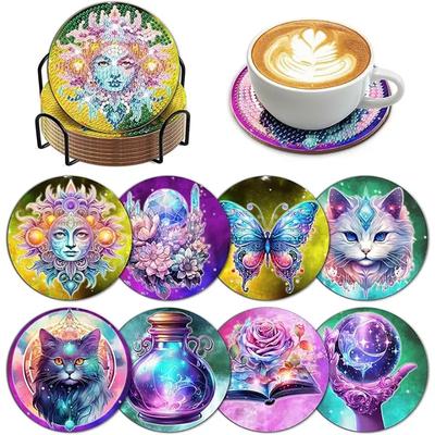 Juego de 8 posavasos de varios tipos con diseños de diamantes pintados y soportes, ideales para principiantes y adultos, como regalos de arte y manualidades.