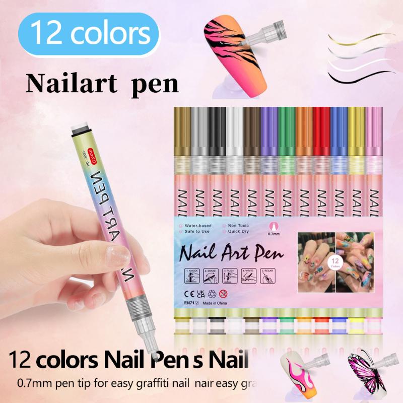 4/12pcs/Set Colourful Nail Art Graffiti Pen Waterproof Diy 3d Nail Art Drawing Pen Abstract Lines Fine Painting Tools