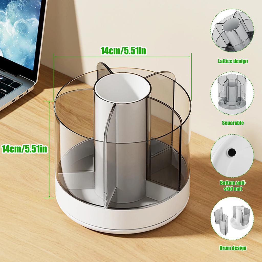 360° Rotating Pencil Organizer Large Capacity Round Desktop Storage Holder with 6 Compartments Cosmetic Brush Organizer