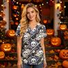 Women's V-Neck Short Sleeve Scrub Top with Pockets Halloween Print Caregiver Work Shirt
