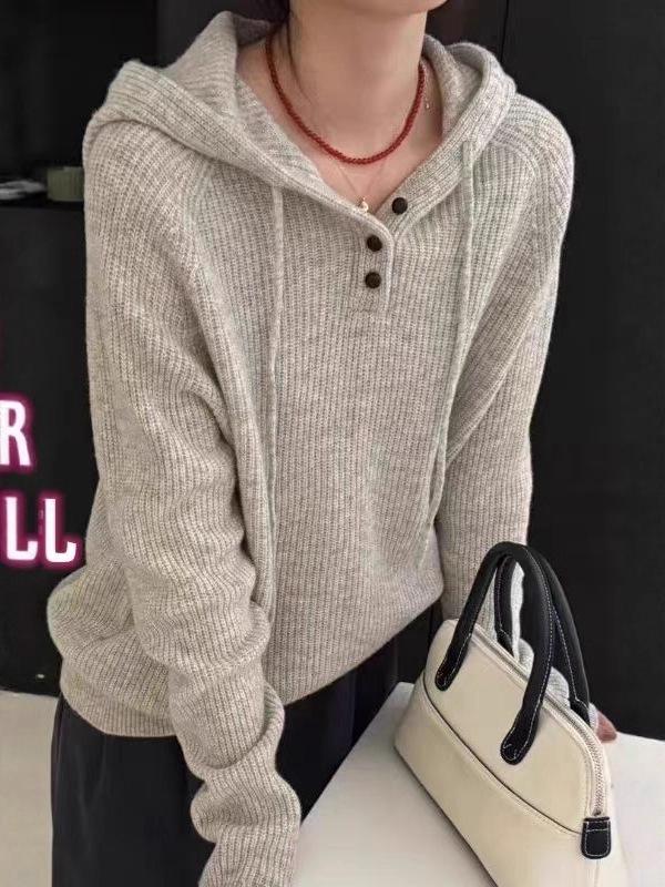 2025 Autumn/Winter Women's Korean Style Three-Button Loose Knit Hoodie Sweater