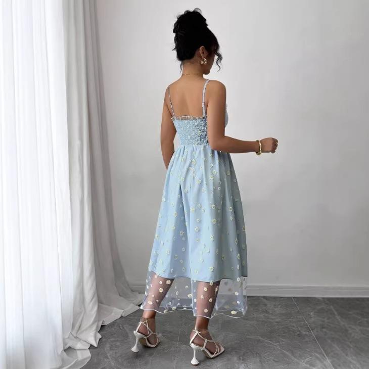 European and American style small wrinkle chrysanthemum printing mesh yarn, tube top sling, French retro medium and long dress