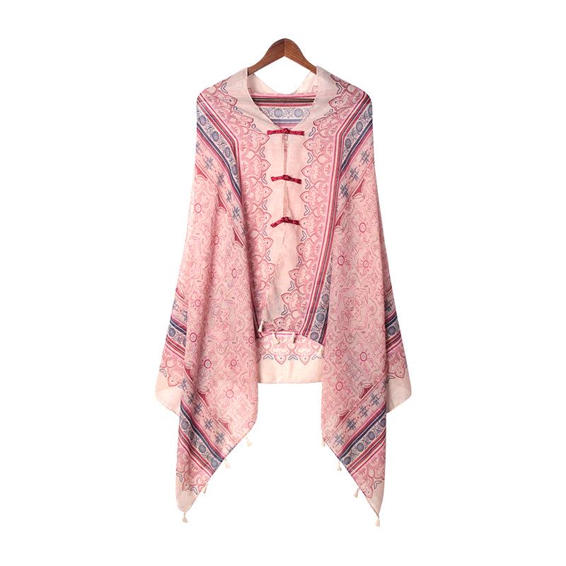"Summer Ethnic Style Cotton-Linen Shawl: Handmade Retro Button Sunscreen Beach Cover-Up"