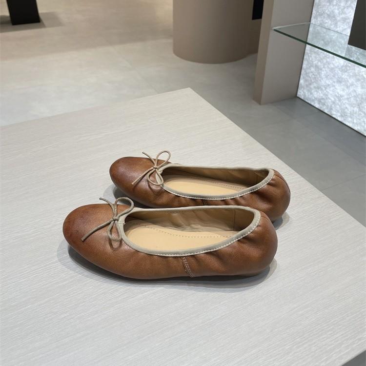 Bow pleated soft leather ballet shoes women's summer new round head flat leather shoes