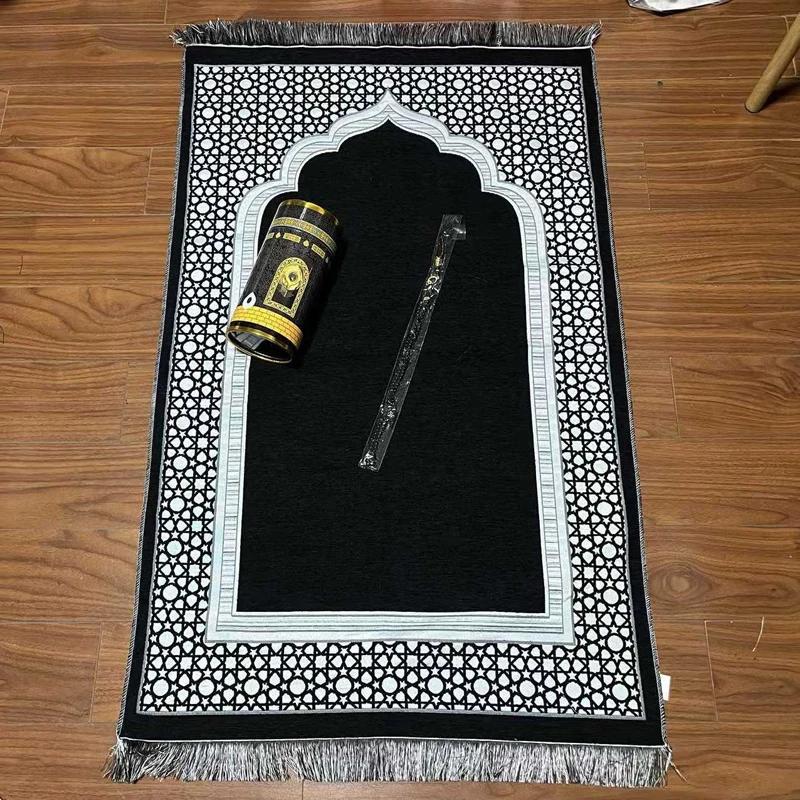 

Muslim Prayer Mat with Rosary Beads and Gift Tube the Spire Pattern Islamic Rug Ramadan Decorative Floor Carpet Travel Gifts чорний