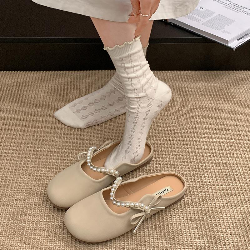 Leichte Perlen-Flachboden-Taschenkopf-Hausschuhe Damen rutschfeste Halbschuhe