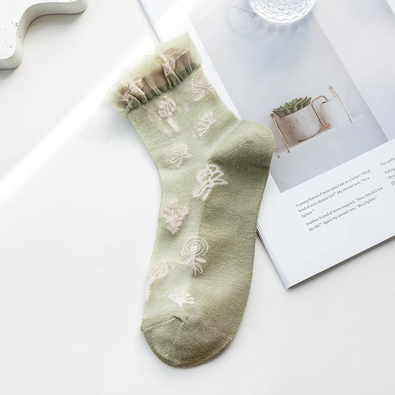Love Heart Crystal Mid-Calf Glass Stockings with Cotton Sole and Lace - Japanese Style JK Women's Summer Socks.