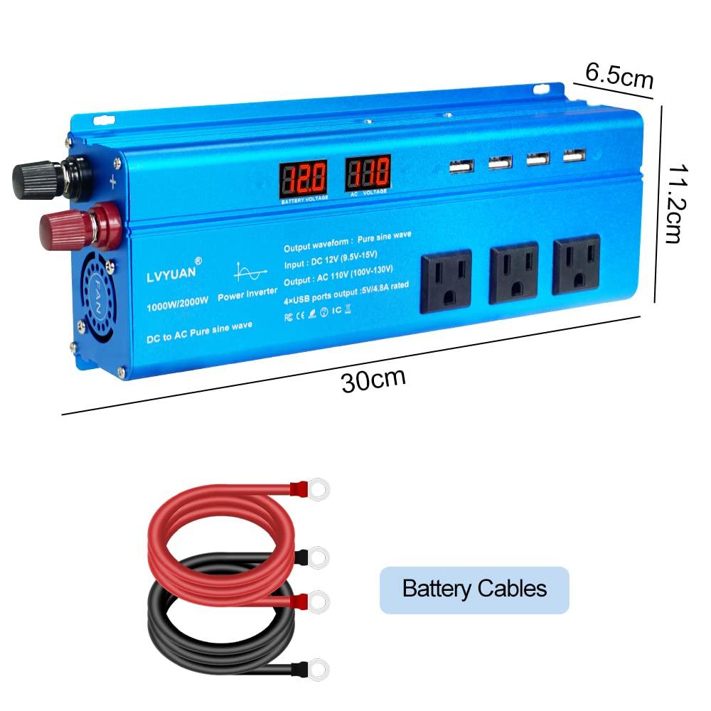 LVYUAN Sine Wave Inverter 12V 1000W MAX 2000W DC 12V AC 100V Conversion AC Outlets X USB Sockets X 4 Car Inverter Solar Power Generation Disaster