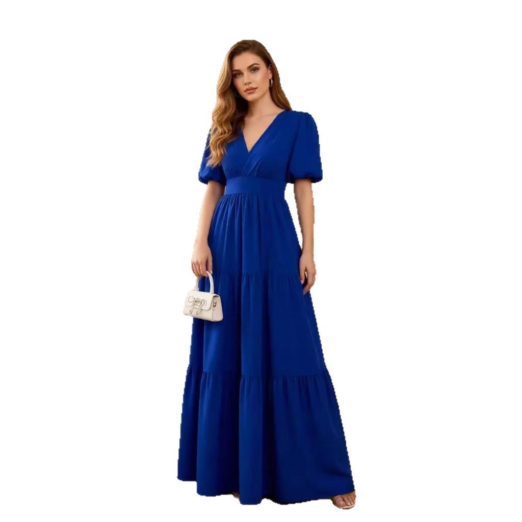 European and American Cross-border Foreign Trade New Women's Clothing Elegant Splicing Skirt Solid Color Short Sleeve High Waist Long Dress Dress 