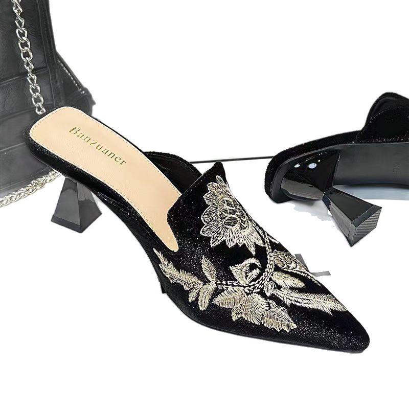 Baotou half slippers women's outer wear spring and summer embroidery pointed head thick heel cool slippers high heel sandals stiletto single shoes