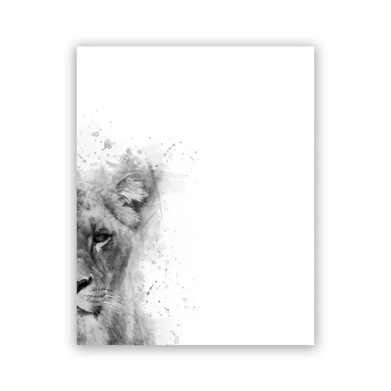 Lion and Lioness Animal Canvas Print Black White Abstract Watercolor Painting Poster Nursery Wall Art Pictures Living Room Decor
