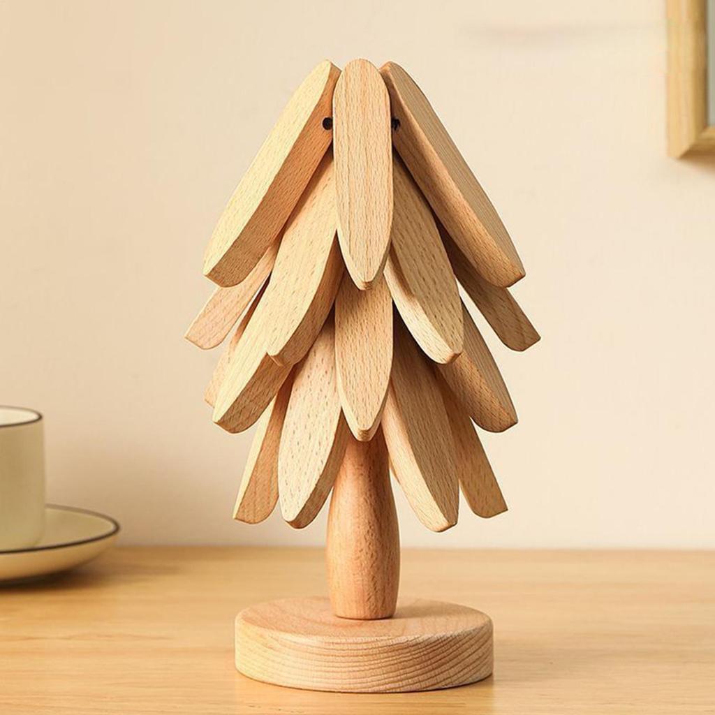 Non-Slip Cup Coaster Set Creative Wooden Christmas Tree Shaped Trivet Insulation Coaster 4pcs Foldable Kitchen Placemat