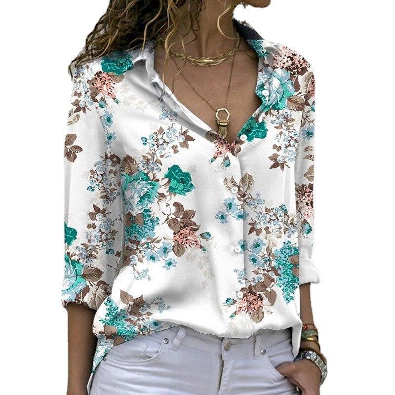 Women's Retro Chiffon Shirt Office Women's Elegant Printing Long Sleeve Floral Shirt