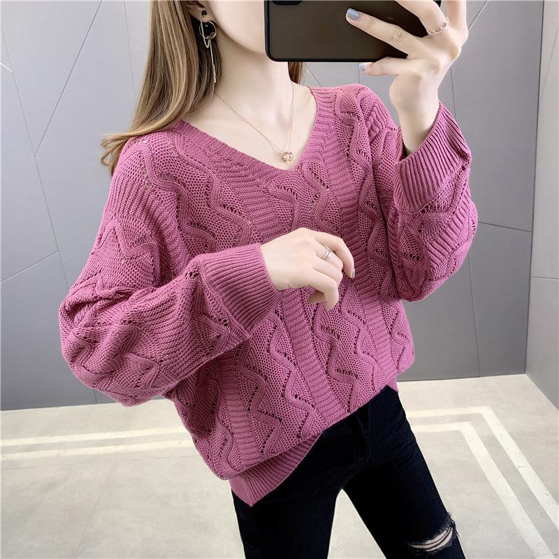 

Женский трикотаж с вырезами, весенне-осенний вязаный пуловер с v-образным вырезом, свободный тонкий джемпер L фиолетовый