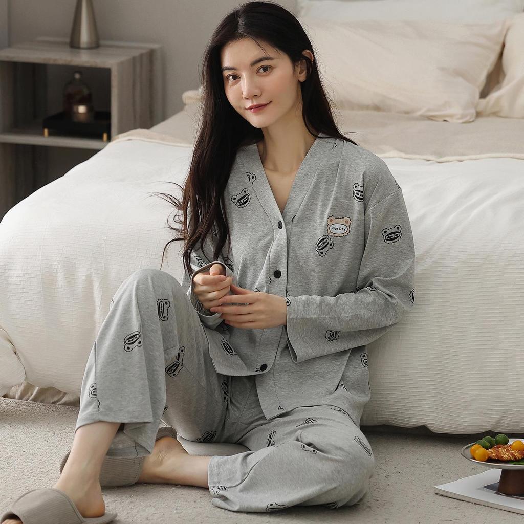 Dámské pyžamo s dlouhým rukávem z čisté bavlny 2025: Perfektní na podzim, zimu a jaro, nositelné venku, loungewear ve stylu kimona, ze 100% bavlny