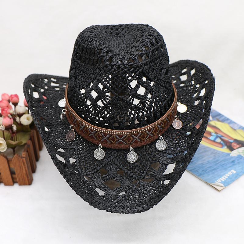 

Popular Hand-Woven Hollowed-Out Malan Seaside Sunshade Pendant Style Sunscreen Hat Flanged Denim Hat Adjustable (55-58cm) чорний