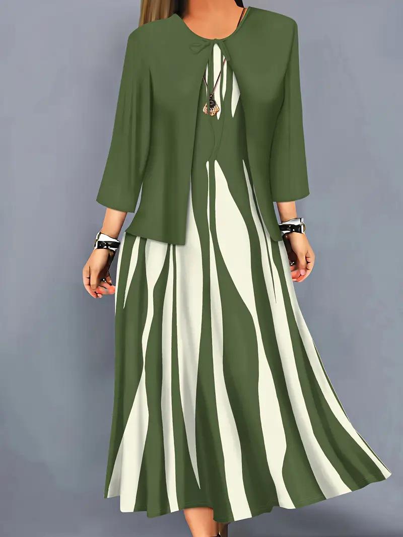 

2026 European Geometric Print Plus Size Two-Piece Dress Set with Long Sleeve Top and Skirt. 2XL зелений