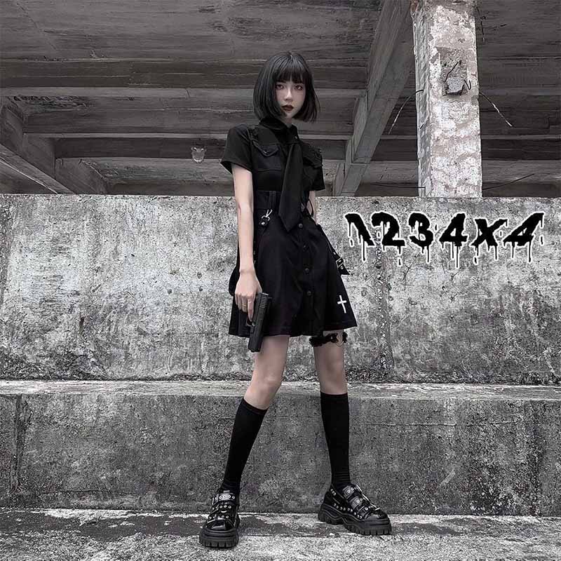Goth Dress Punk Gothic Harajuku Summer Spring Black Mini Dress Shirt Women  Short Sleeve Emo Clothes Mall Goth Dark Academia  buy at low prices in the  Joom online store