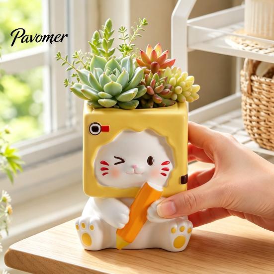 Decorative Resin Flowerpot Holding Pen Cat Planter Pot, Shaped Flowerpot, Office Desk Succulents Plants Container for Home Balcony Flower Pot