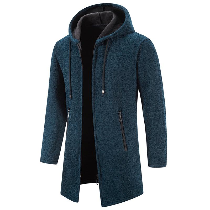 Men's Plus Velvet Hooded Knitwear Cardigan – Thickened, Windproof, Warm Mid-Length Jacket for Autumn/Winter (Middle-Aged & Elderly)