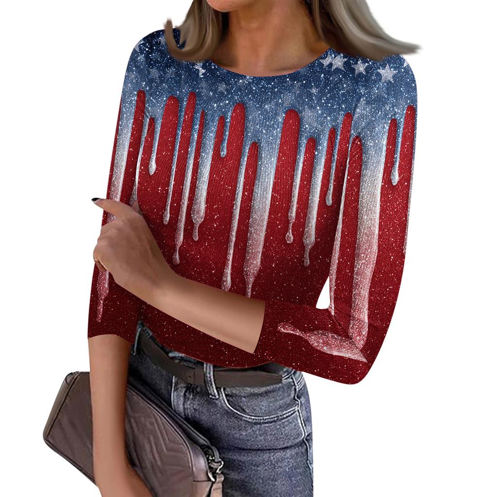 Women's Casual Fashion Round Neck Independence Day Print Three-Quarter Sleeve Ribbed Top
