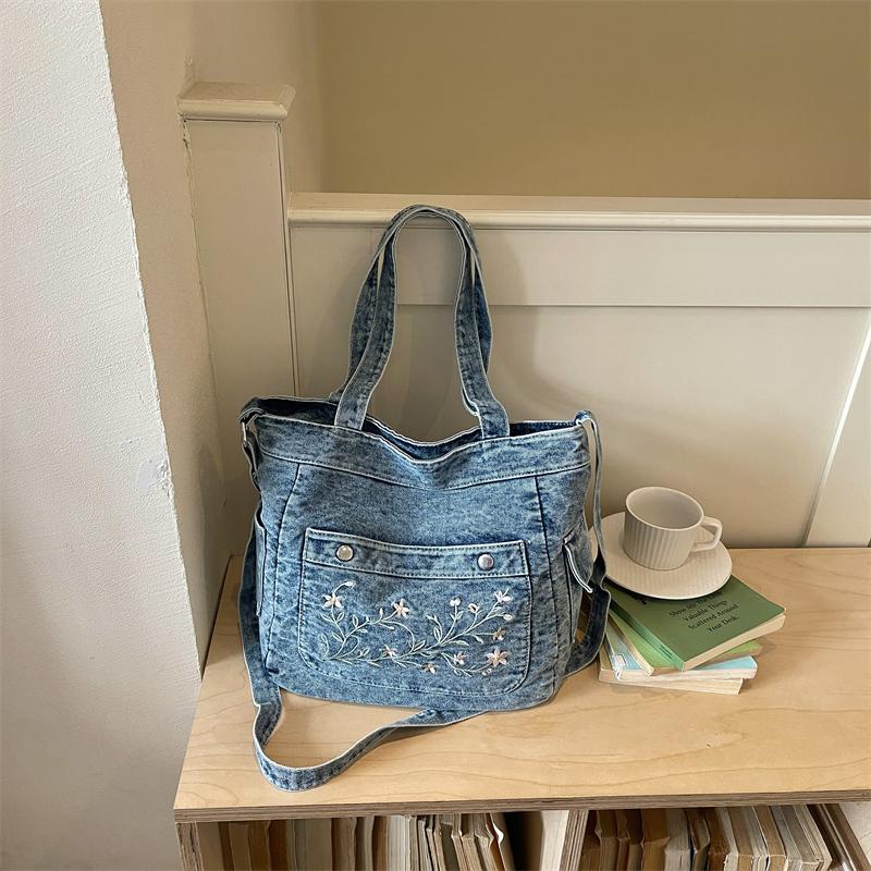 Vintage Haftowana Jeansowa Torba Tote dla Kobiet Duża Pojemność Casualowa Torba na Ramię