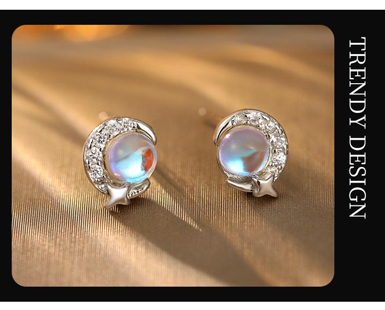 Boucles d'oreilles en argent S925 Pierre de lune pour femmes – Design étoile et lune