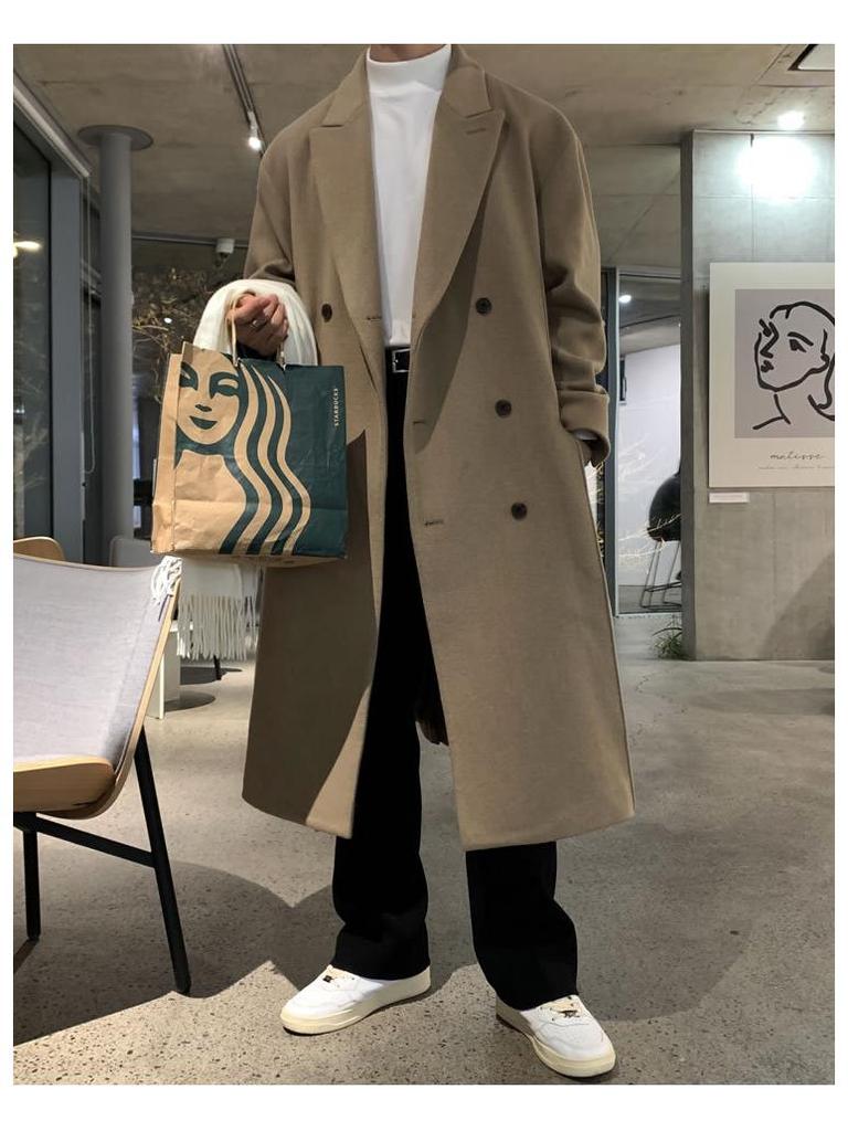 Erkek Orta Boy Çift Katmanlı Kaşmir Yün Paltosu: Sonbahar/Kış Kore Tarzı Trend