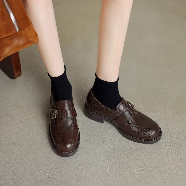 Retro Belt Buckle Round Head Small Leather Shoes Women's 2025 Spring and Autumn One-pedal Single Shoes British Loafers Black Dark Brown