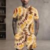 Men Plus Size Round Neck Short Sleeve Yellow Brown Red Printed Tie Dye Two Piece Shorts Set