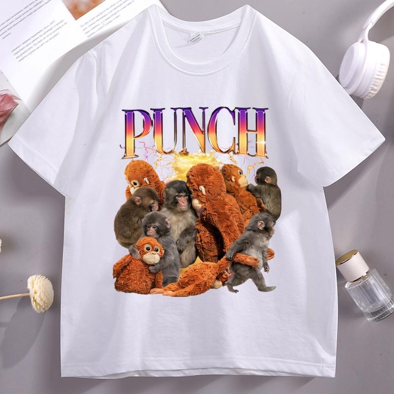 

Punch The Monkey T-shirt for Unisex Women Casual Short Sleeve Tshirt Baby Monkey Holding Plush Toy T Shirt Unisex Streetwear tops 4XL