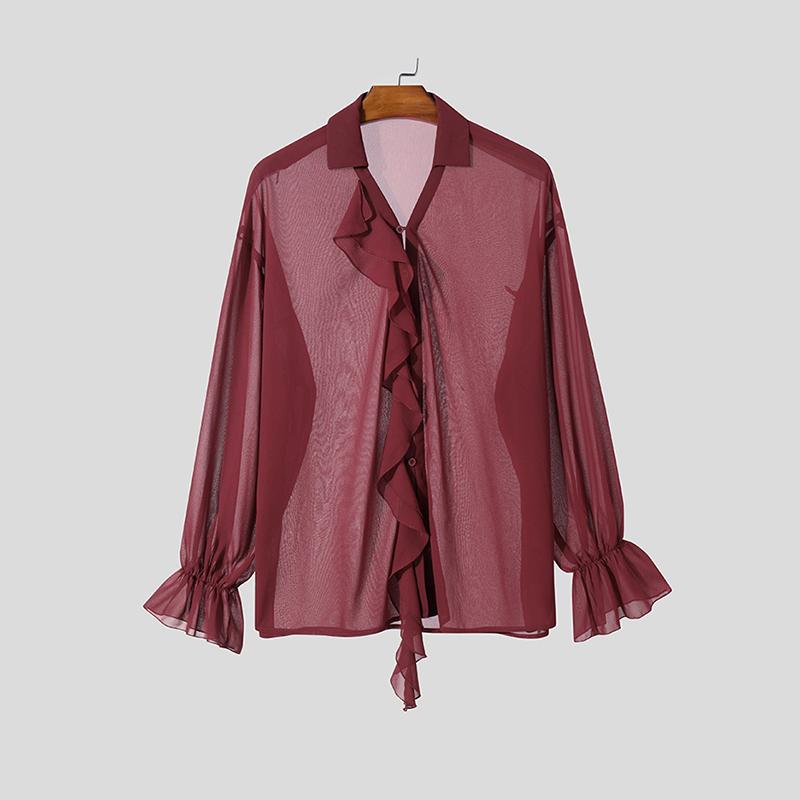 

INCERUN Мужские рубашки с V-образным вырезом и длинным рукавом, прозрачные сетчатые рубашки, топы 3XL красный