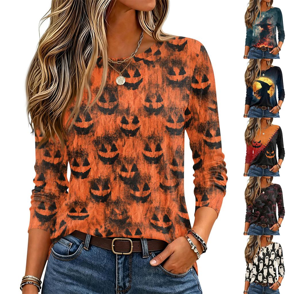 Women's Halloween Printed Neck Long Sleeve Pullover Top