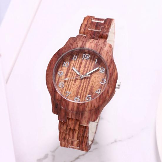 Reloj de pulsera de cuarzo analógico con banda de resina y números árabes con esfera redonda de grano de madera para mujer