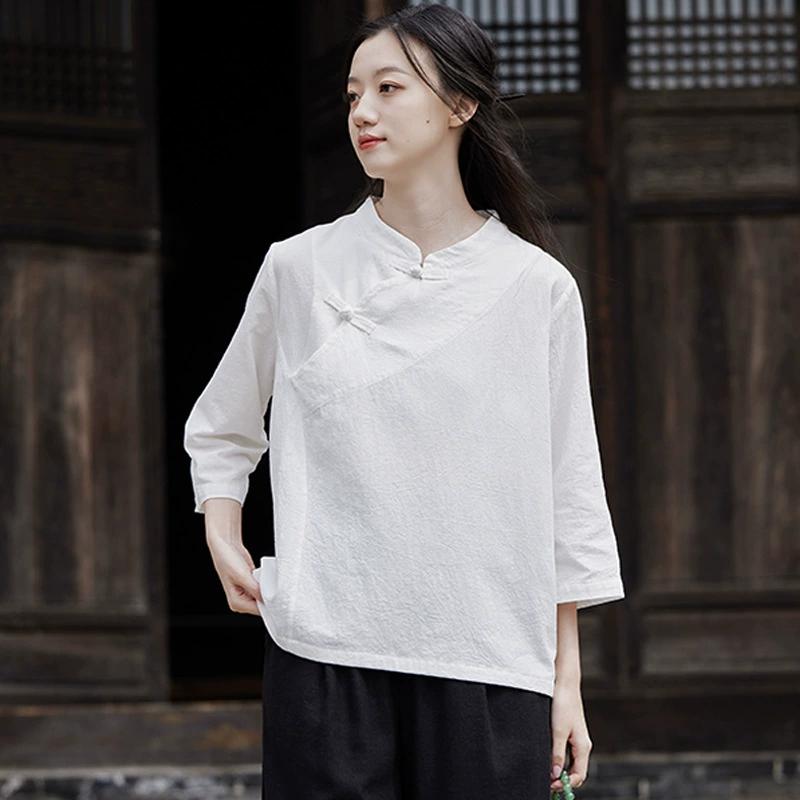 Cotton Linen Tops Chi-pao Collar Design Women Date Girls Elegant Retro Red White Shirt Blouse Vintage
