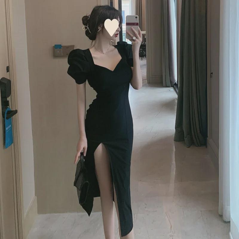 French-Style Knee-Length Skirt Dress for Women with Puff Sleeves and High Slit