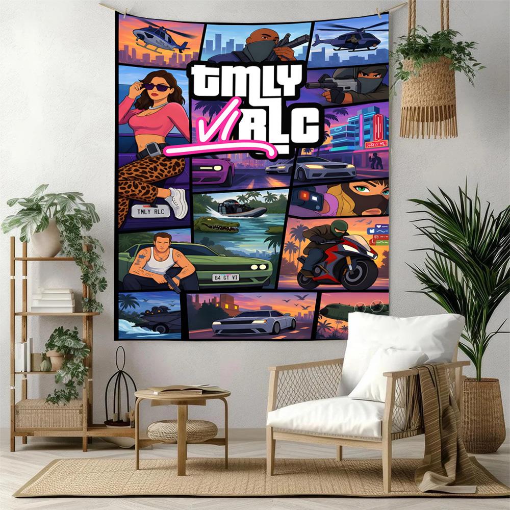Grand Theft Auto Vintage Vægtæppe Retro Boho Ideel til Balkon Kollegievæg Soveværelse Alsidig Dekoration Boho Dekoration Gave til Nyt Hjem