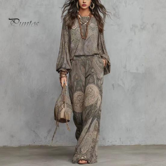 Atmungsaktive Stoffkleidung Boho-Print 2-teilige Sets für Damen, Lässiges Langarm-Oberteil Figurschmeichelndes Outfit für Birnenform, Weite Hosen Passende Sets, Sommer