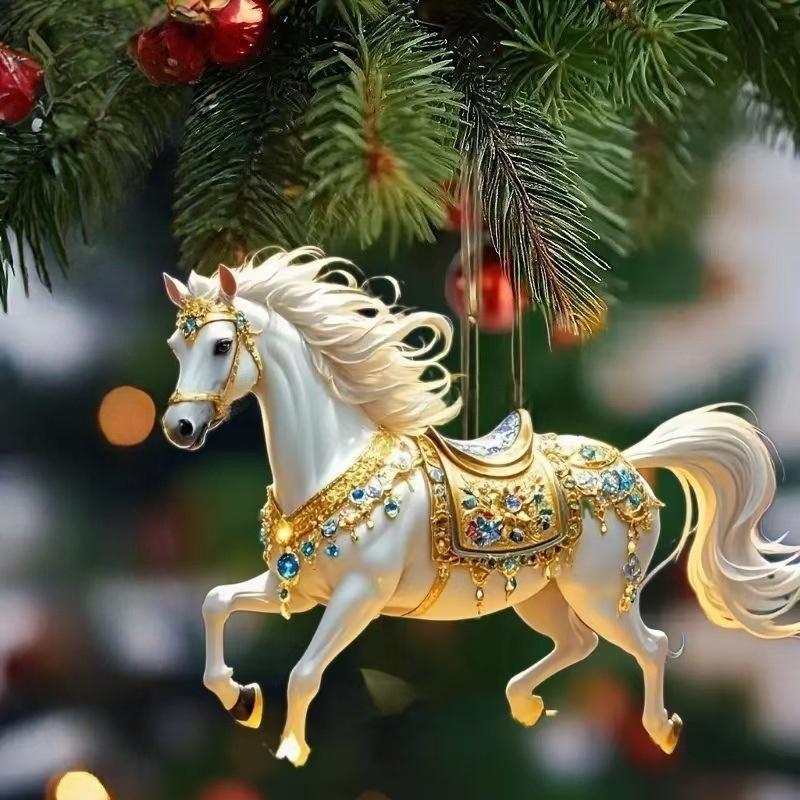 2D Acrylic Horse Car Rearview Mirror Pendant Charm Christmas Tree Backpack Hanging Ornament Party New Year Decoration Hanging