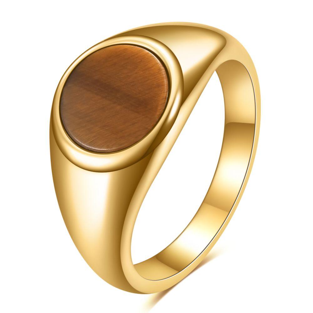 Fashion Minimalist and Cool Style Round Gemstone Inlaid Rings for Women Stainless Steel Punk Carved Men Ring