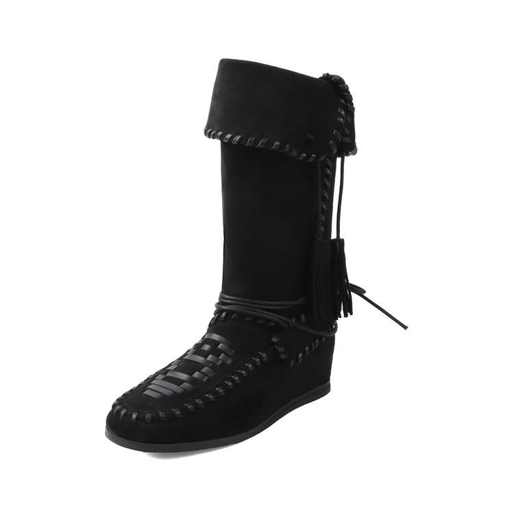 Round Head Suede Boxing Boots Women's 2025 New Inner Height Increase Lace-up Retro Weaving Versatile and Comfortable Two-wear Casual Shoes