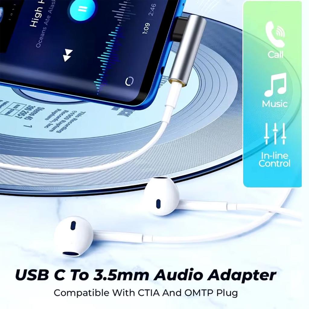 Elbow Type C To 3.5mm Earphone Adapter 3.5 Jack USB C Headphones AUX Audio Adapters For 15 16 Pro Samsung Huawei